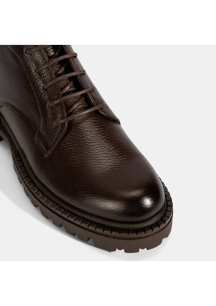 Erkek Kahve Bağcıklı Kalın Tabanlı Deri Postal Bot