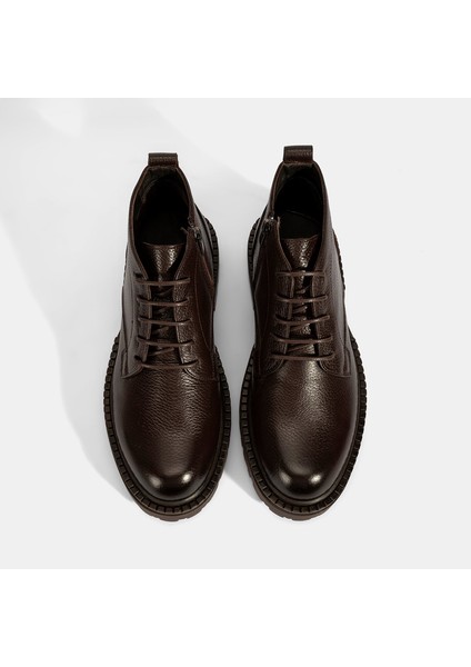 Erkek Kahve Bağcıklı Kalın Tabanlı Deri Postal Bot