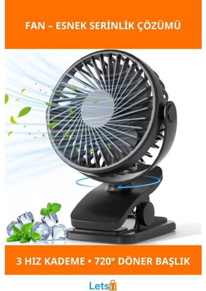 3 Hızlı Klipsli Şarjlı Portatif Masaüstü Fan