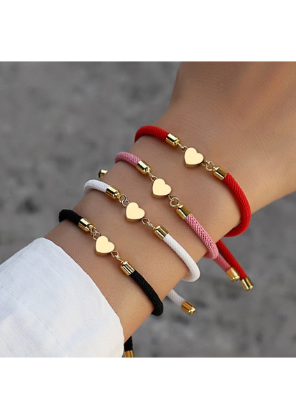 Lucky Heart 18 Ayar Altın Kaplama Paslanmaz Çelik Kalp Detaylı Renkli Ipli Bileklik (Kırmızı / Siyah / Beyaz)