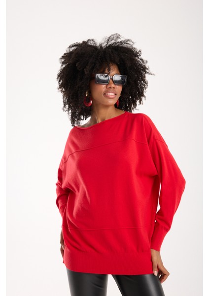 Kadın Kırmızı Kayık Yaka Triko Bluz