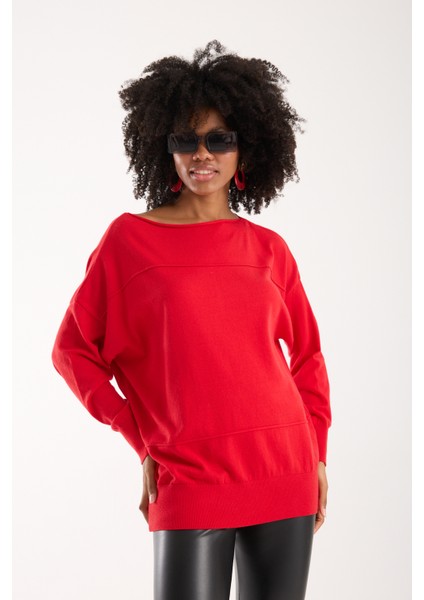 Kadın Kırmızı Kayık Yaka Triko Bluz modelleri