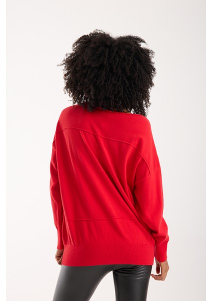 Kadın Kırmızı Kayık Yaka Triko Bluz fırsatları