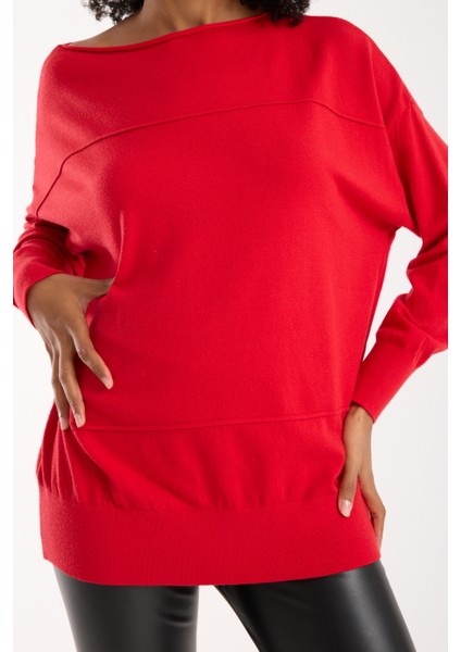 Kadın Kırmızı Kayık Yaka Triko Bluz indirimleri