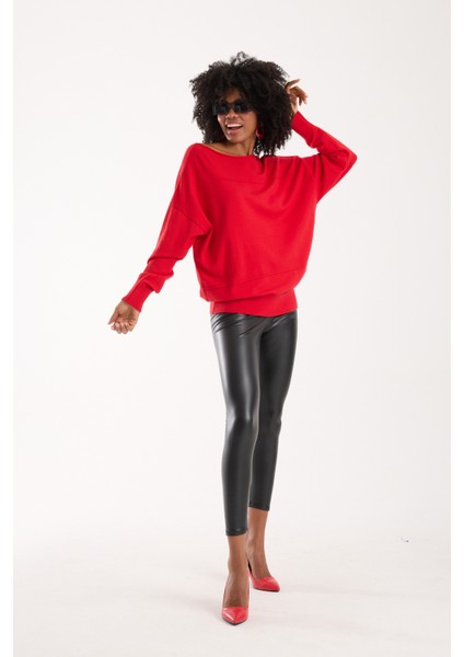 Kadın Kırmızı Kayık Yaka Triko Bluz
