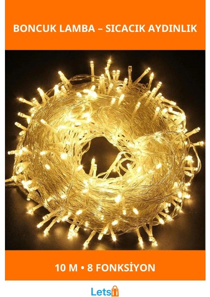 10M Gün Işığı Boncuk Lamba 100 LED 8 Fonksiyonlu Şeffaf Kablo
