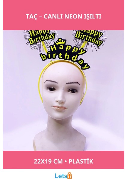 Neon Sarı Happy Birthday Işıklı Taç