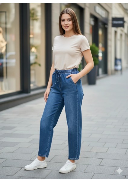 Kadın Beli Lastikli Kot Pantolon Bağcıklı Jogger Model Rahat Kesim Mavi Denim Jean