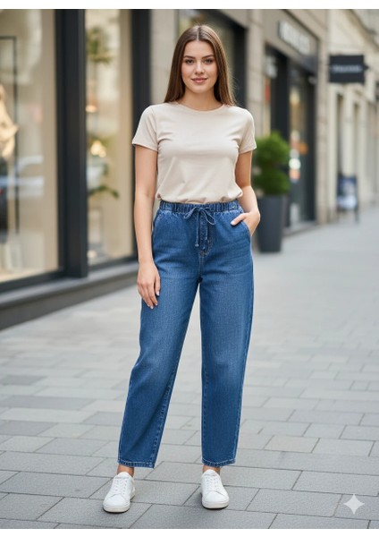 Kadın Beli Lastikli Kot Pantolon Bağcıklı Jogger Model Rahat Kesim Mavi Denim Jean fiyatları