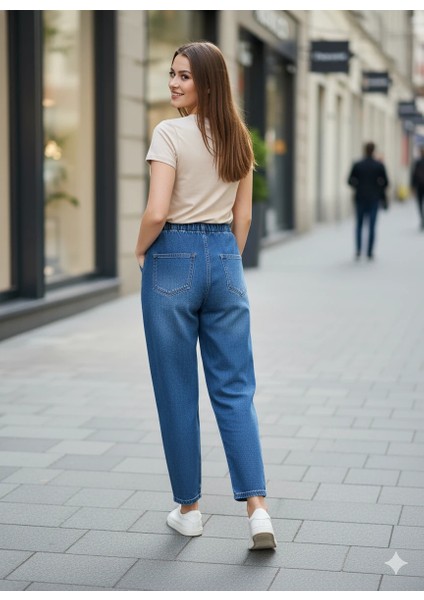 Kadın Beli Lastikli Kot Pantolon Bağcıklı Jogger Model Rahat Kesim Mavi Denim Jean indirimleri