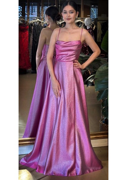 Fuşya Degaje Yaka Ip Askılı Sırt Dekolteli Kloş Etekli Saten Uzun Abiye Elbise 11104-02