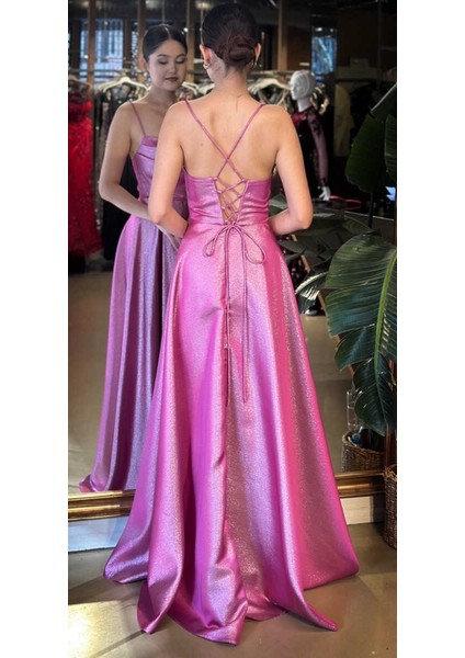 Fuşya Degaje Yaka Ip Askılı Sırt Dekolteli Kloş Etekli Saten Uzun Abiye Elbise 11104-02 indirimleri