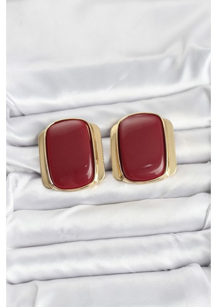 Pirinç Gold Renk Bordo Plaka Kadın Küpe