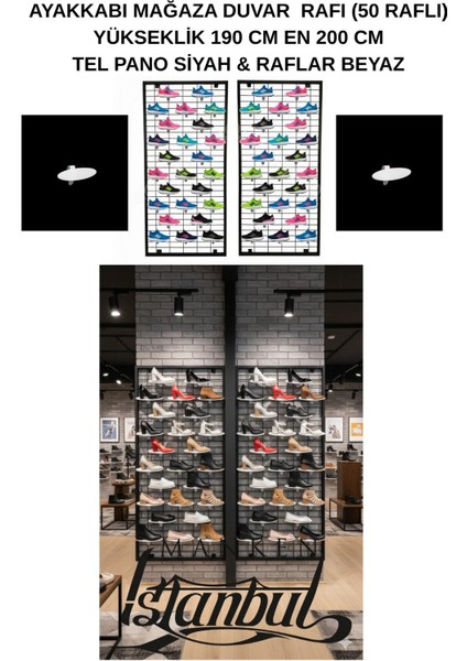 Duvara Monte Ayakkabı Rafı - 50 Raflı - 190X200 cm - Pano Siyah - Raflar Beyaz