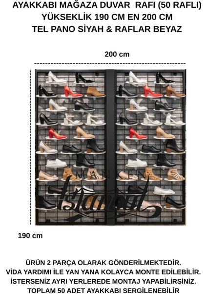 Duvara Monte Ayakkabı Rafı - 50 Raflı - 190X200 cm - Pano Siyah - Raflar Beyaz fiyatları