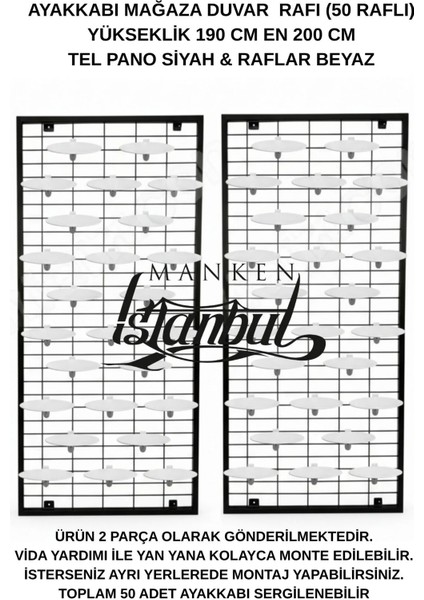 Duvara Monte Ayakkabı Rafı - 50 Raflı - 190X200 cm - Pano Siyah - Raflar Beyaz fırsatları