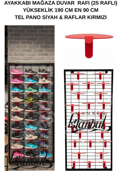 Duvara Monte Ayakkabı Rafı - 25 Raflı - 90X190 cm - Pano Siyah - Raflar Kırmızı
