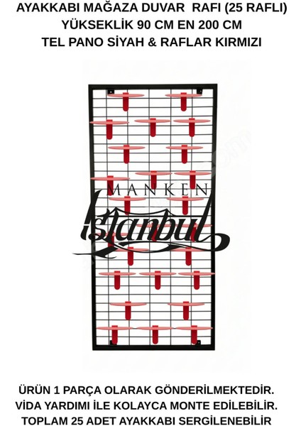 Duvara Monte Ayakkabı Rafı - 25 Raflı - 90X190 cm - Pano Siyah - Raflar Kırmızı fırsatları