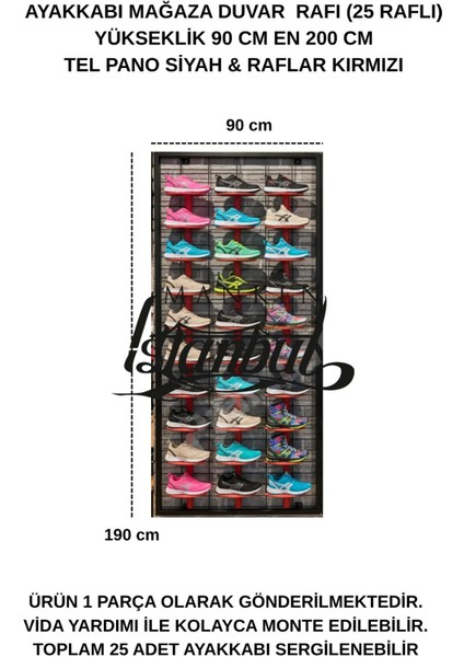 Duvara Monte Ayakkabı Rafı - 25 Raflı - 90X190 cm - Pano Siyah - Raflar Kırmızı indirimleri
