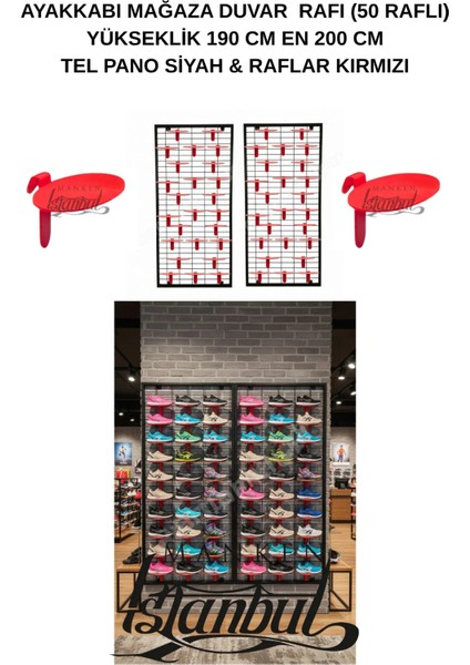 Duvara Monte Ayakkabı Rafı - 50 Raflı - 190X200 cm - Pano Siyah - Raflar Kırmızı