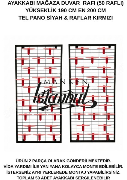 Duvara Monte Ayakkabı Rafı - 50 Raflı - 190X200 cm - Pano Siyah - Raflar Kırmızı fiyatları