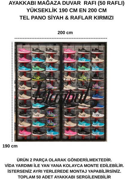 Duvara Monte Ayakkabı Rafı - 50 Raflı - 190X200 cm - Pano Siyah - Raflar Kırmızı modelleri