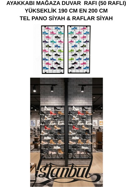 Duvara Monte Ayakkabı Rafı - 50 Raflı - 190X200 cm - Pano Siyah - Raflar Siyah