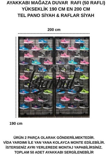 Duvara Monte Ayakkabı Rafı - 50 Raflı - 190X200 cm - Pano Siyah - Raflar Siyah modelleri