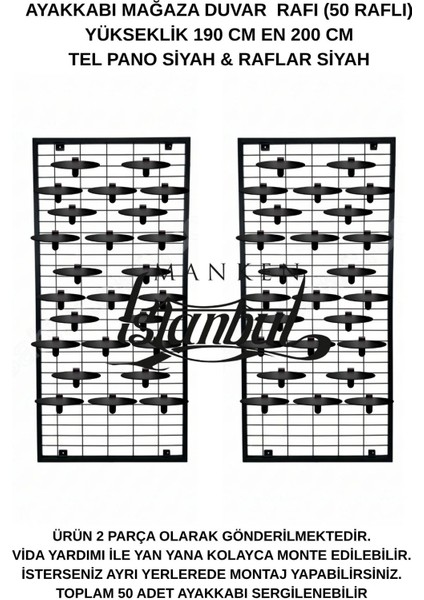 Duvara Monte Ayakkabı Rafı - 50 Raflı - 190X200 cm - Pano Siyah - Raflar Siyah fırsatları