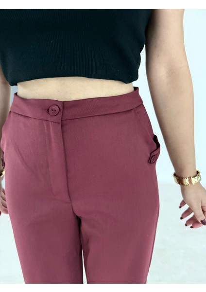 Yüksek Bel Cepli Poliviskon Palazzo Pantolon – Şık Düğme ve Apolet Detaylı Kadın Pantolon