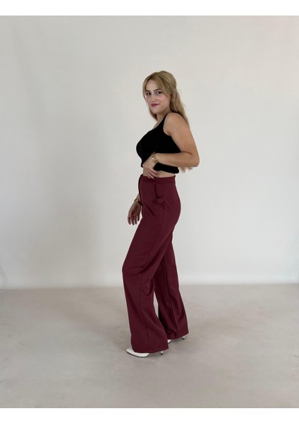 Yüksek Bel Cepli Poliviskon Palazzo Pantolon – Şık Düğme ve Apolet Detaylı Kadın Pantolon modelleri