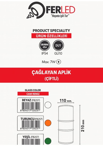 Varuna Dış Mekan Aydınlatma Çağlayan Aplik Çiftli (G10 Duylu) FB252 Beyaz