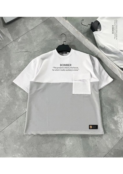 Unisex Torba Cep Detaylı Parçalı T-Shirt - Gri -Vlmr