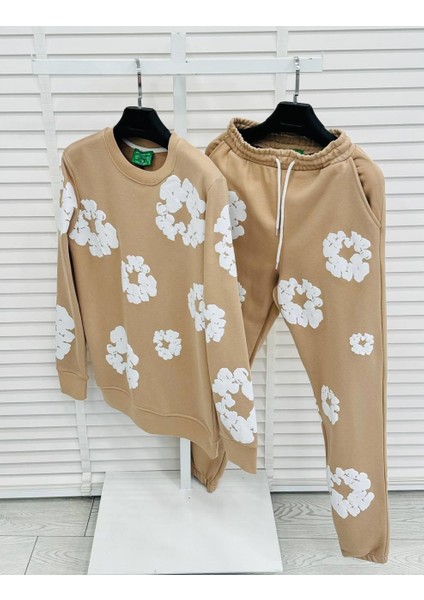 Bej Renk Çiçek Desenli Oversize 3 Iplik Erkek Eşofman Takımı - %100 Pamuk