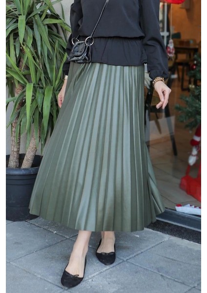 Zarif ve Modern Pileli Parlak Krep Gizli Lastikli Haki Etek fiyatları