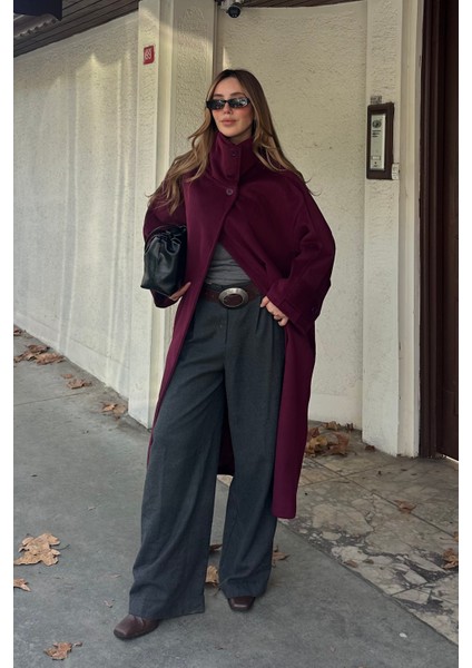 Bordo Vittoria Düğmeli Yaka Kaban - 2511