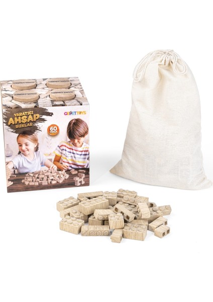 Ahşap Yapı Blokları Organik 60 Parça Eğitici Yapı Blokları Ahşap Saklama Kutulu ve Keseli