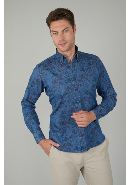 Erkek Uzun Kollu Spor Yaka Floral Desenli Denim Gömlek GMJEAN252168_D39