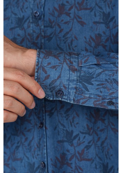 Erkek Uzun Kollu Spor Yaka Floral Desenli Denim Gömlek GMJEAN252168_D39 fırsatları