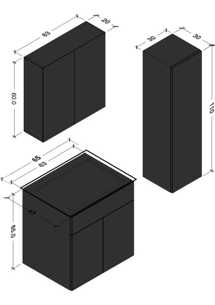 Regnum-L 65 cm Etajerli Lavabolu ve Havlu Dolaplı Banyo Dolabı Takımı Parlak Beyaz MDF Lam