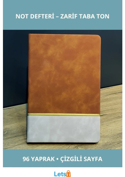 Altın Şeritli Taba Rengi Deri Not Defteri 96 Yaprak