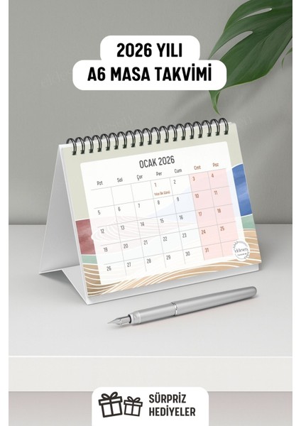 2026 Masa Takvimi Spiralli A6 (15X12CM) Orta Boy / Resmi Tatiller ve Hafta Sonları / 12 Aylık