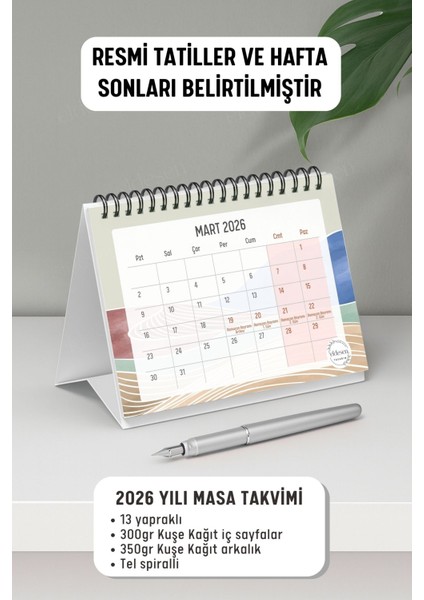 2026 Masa Takvimi Spiralli A6 (15X12CM) Orta Boy / Resmi Tatiller ve Hafta Sonları / 12 Aylık fiyatları