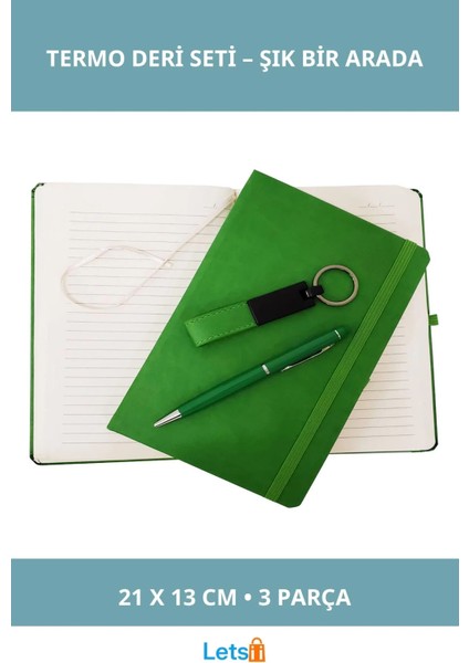 Yeşil Termo Deri Kalemli Defter Anahtarlık Seti 21X13 cm