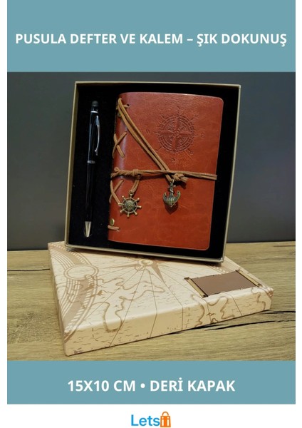 Kahverengi Pusula Tasarım Deri Defter Siyah Kalem