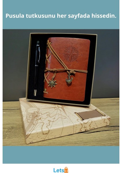 Kahverengi Pusula Tasarım Deri Defter Siyah Kalem fiyatları