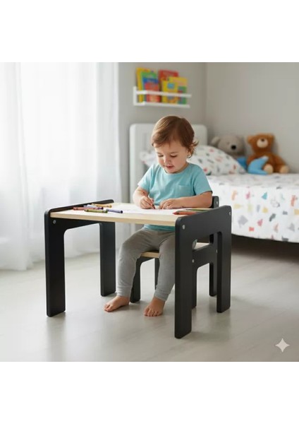 Montessori Uyumlu Ahşap Aktivite Masası ve Sandalyesi Seti - Siyah
