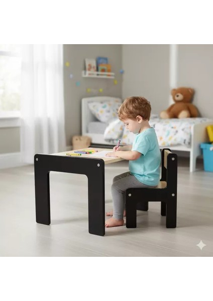 Montessori Uyumlu Ahşap Aktivite Masası ve Sandalyesi Seti - Siyah fiyatları