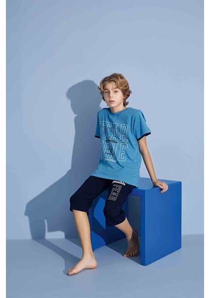 Erkek Çocuk Sportswear Fear None T-Shirt Kapri Alt Bisiklet Yaka Orta Kalın Pijama TAKIMI-3922