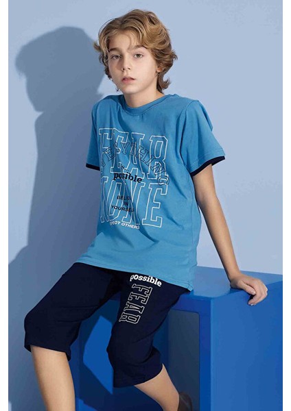 Erkek Çocuk Sportswear Fear None T-Shirt Kapri Alt Bisiklet Yaka Orta Kalın Pijama TAKIMI-3922 fiyatları